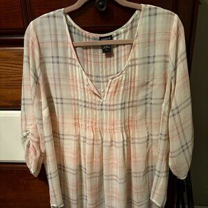 Torrid, Size 0, Pink sheer top, plaid design
